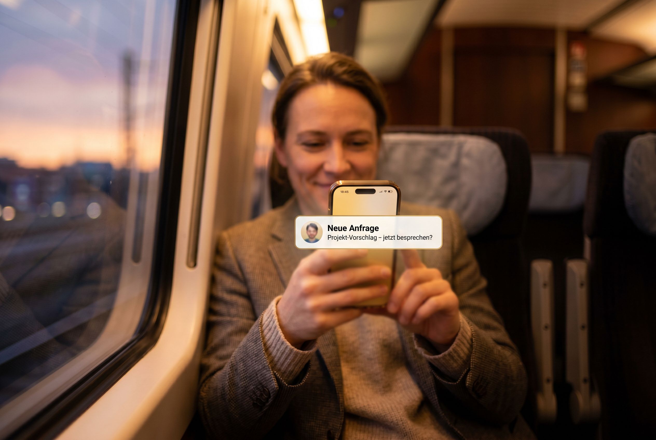 Person im Zug bei Sonnenuntergang, auf dem Handy die Benachrichtigung „Neue Anfrage".