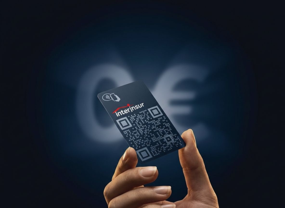 interinsur NFC-Visitenkarte mit QR-Code in der Hand, dahinter ein leuchtendes 0-Euro-Zeichen — die Karte gibt es geschenkt.